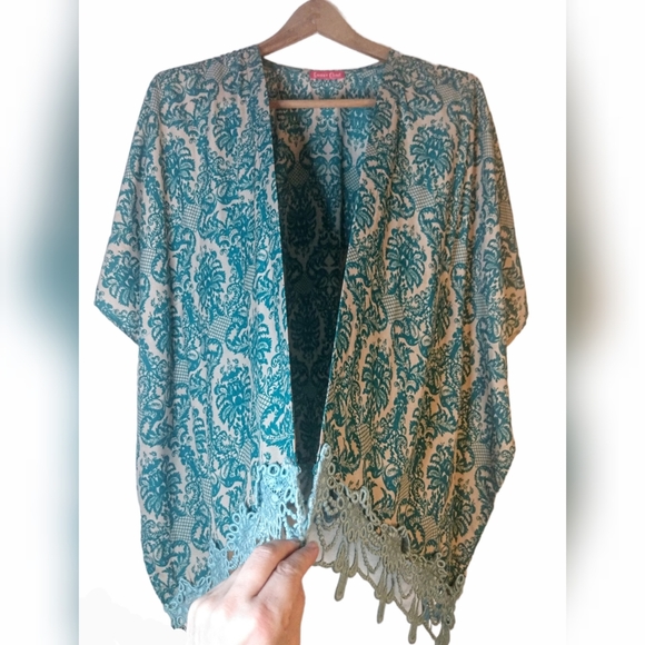 Emma's Closet Shawl Kimono Wrap teal tan print intricate chandelier fringe - Picture 1 of 13